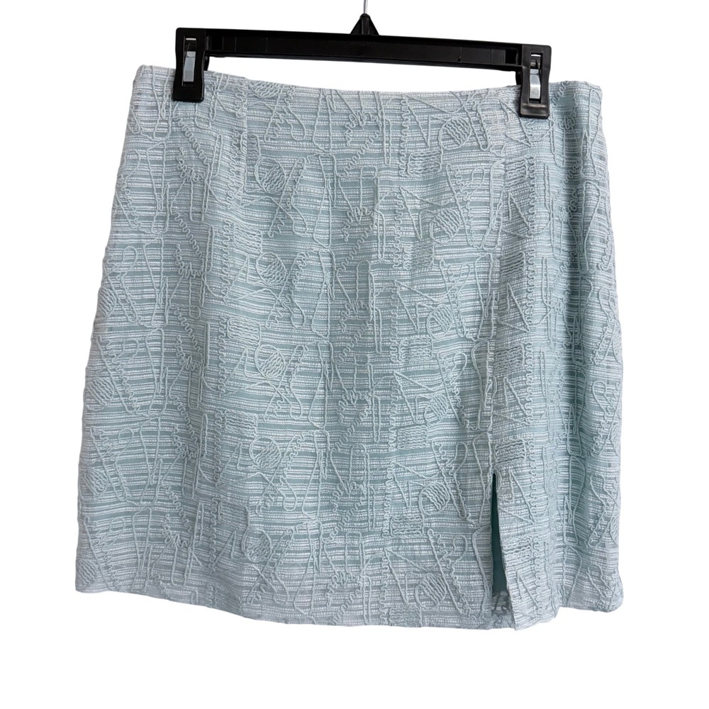 JOA Just One Answer Light Blue Embroidered Mini Skirt Side Slit L Sheer Lined